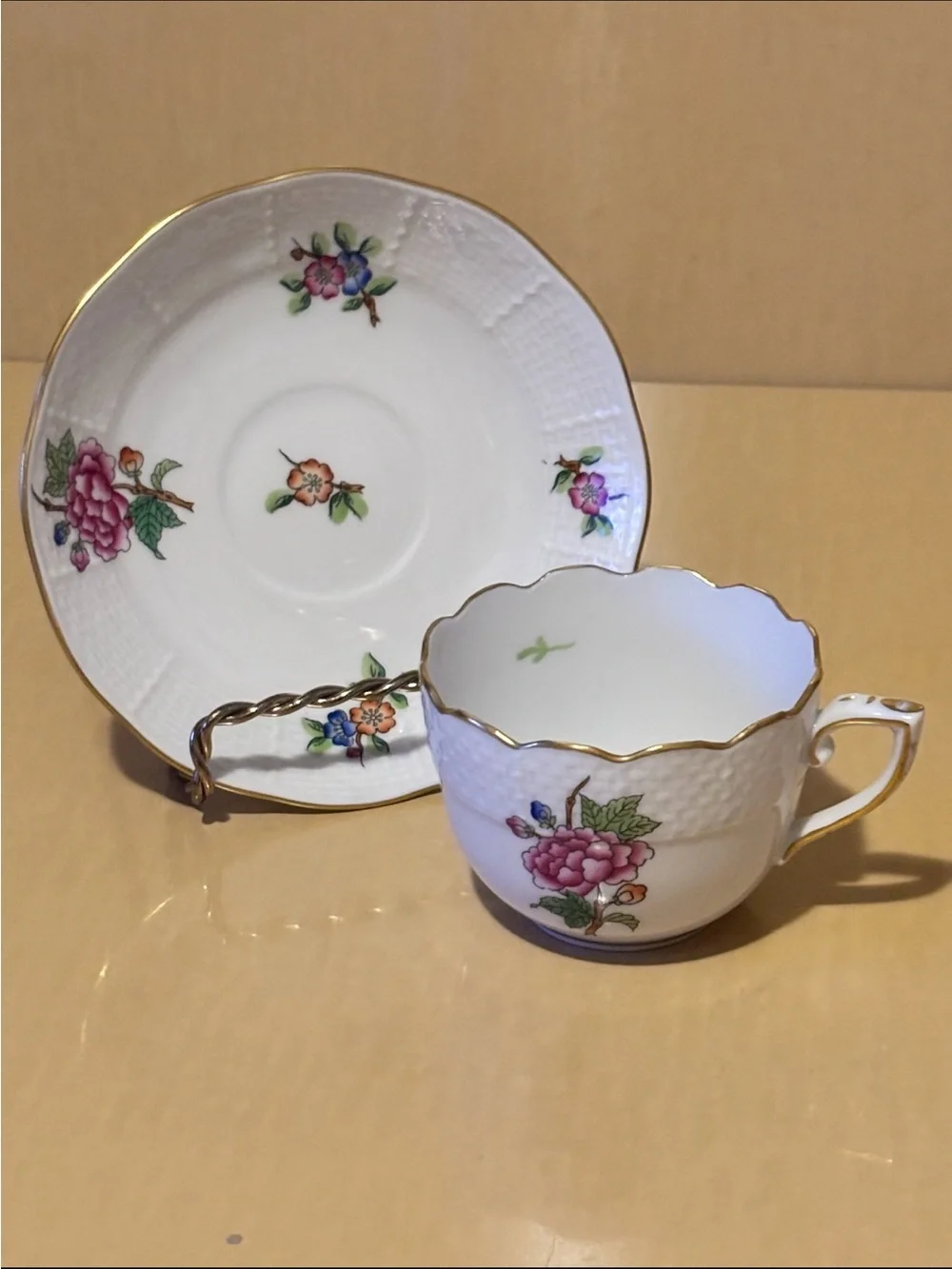 HEREND ETON SMALL PORCELAIN CUP AND SAUCER.